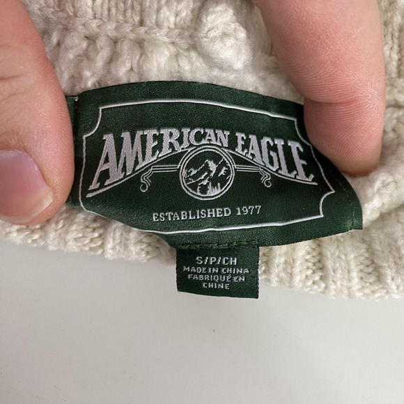 American Eagle Sweater Mens Small Ivory Cable Patchwork Mock Neck Pullover - Picture 4 of 11